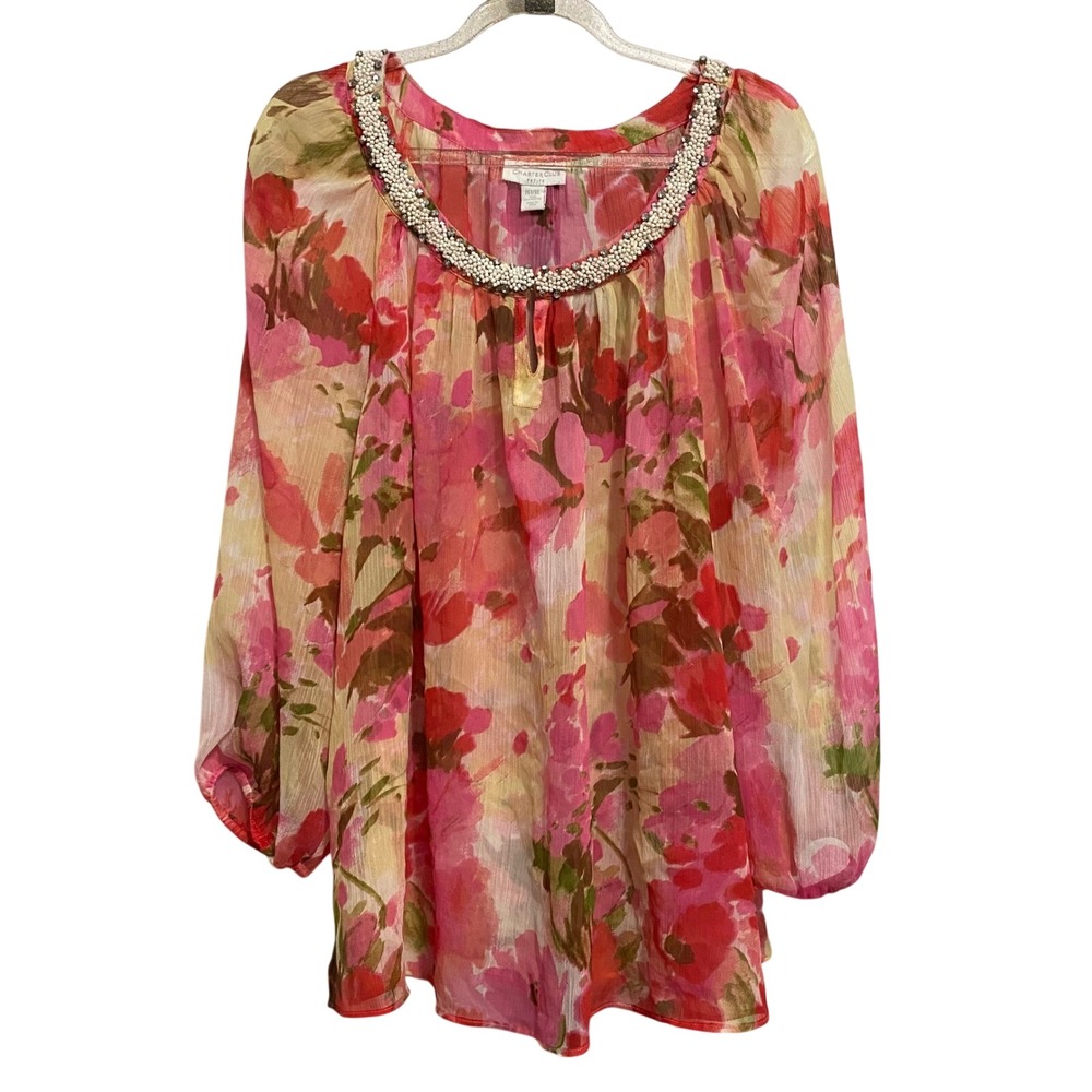 Sheer Floral Beaded Top Womens XLP Whimsical Cruise Vacation Resort